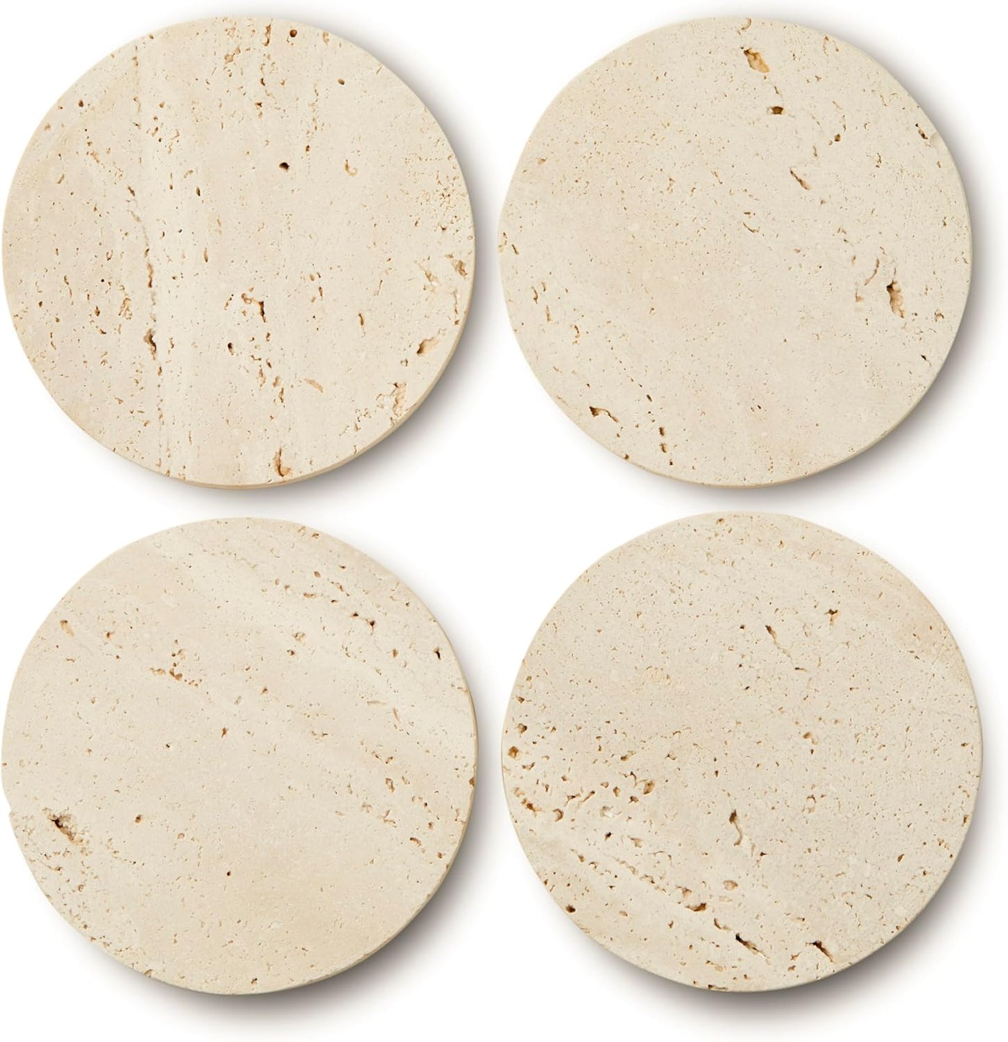 Marble Coasters – Set of 4 –Beige Travertine Bar Coasters for Drinks, Coffee –Stone Holder for Home Décor, Housewarming Gifts (Round)