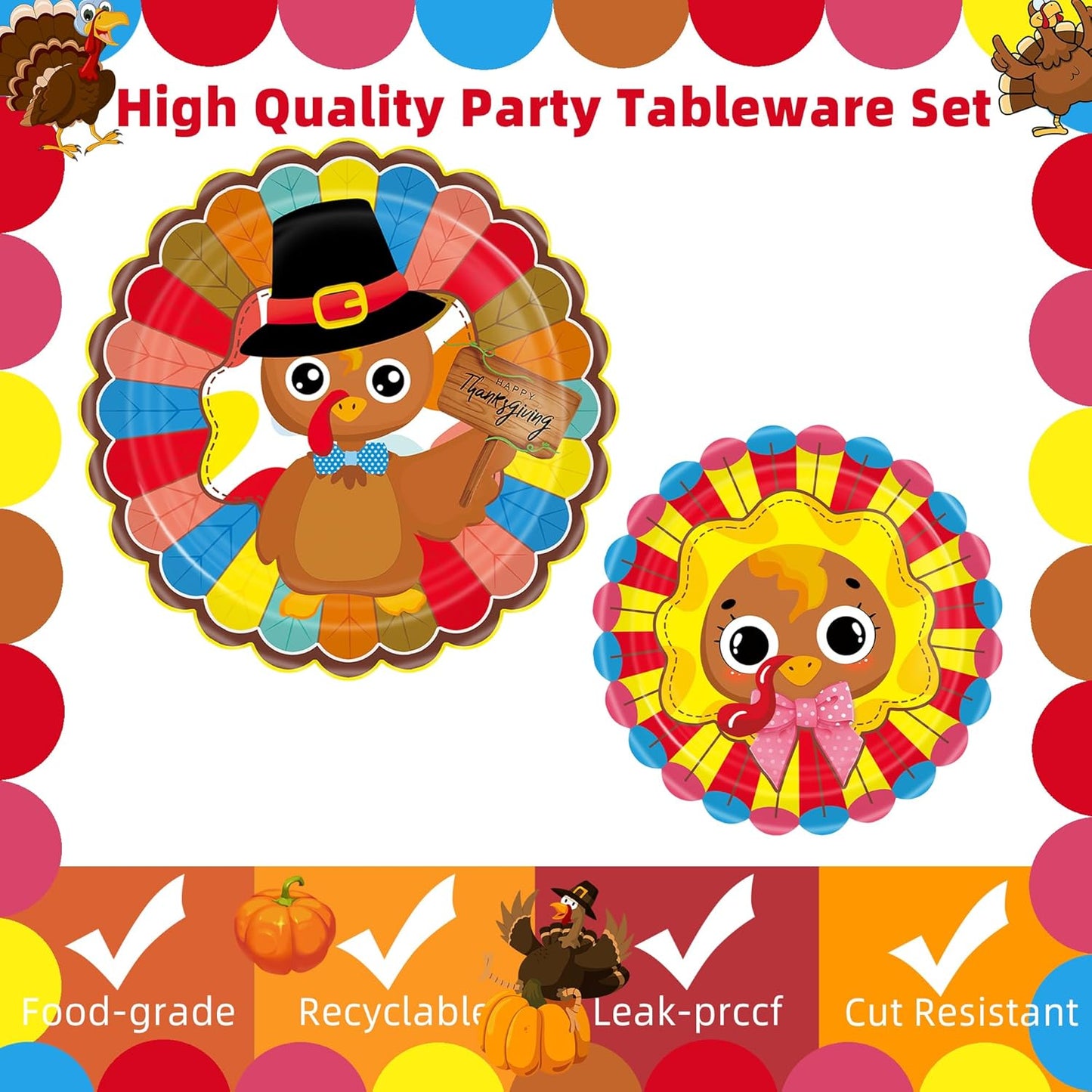 Turkey Thanksgiving Party Supplies - 96 Pcs Fall Decorations Set With Paper Plates, Napkins, Forks - Autumn Disposable Tableware for Harvest Party