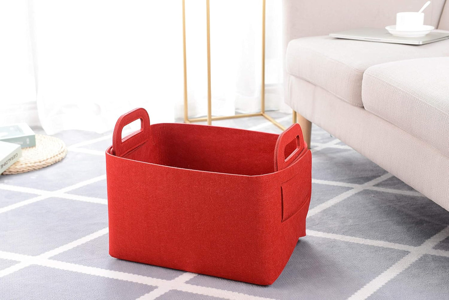 Minoisome Storage Basket Felt Storage Bin Collapsible& Convenient Box Organizer with Carry Handles for Office Bedroom Closet Babies Nursery Toys Laundry (Red, 15.7inch（L）×11inch（W）×10inch（H）)