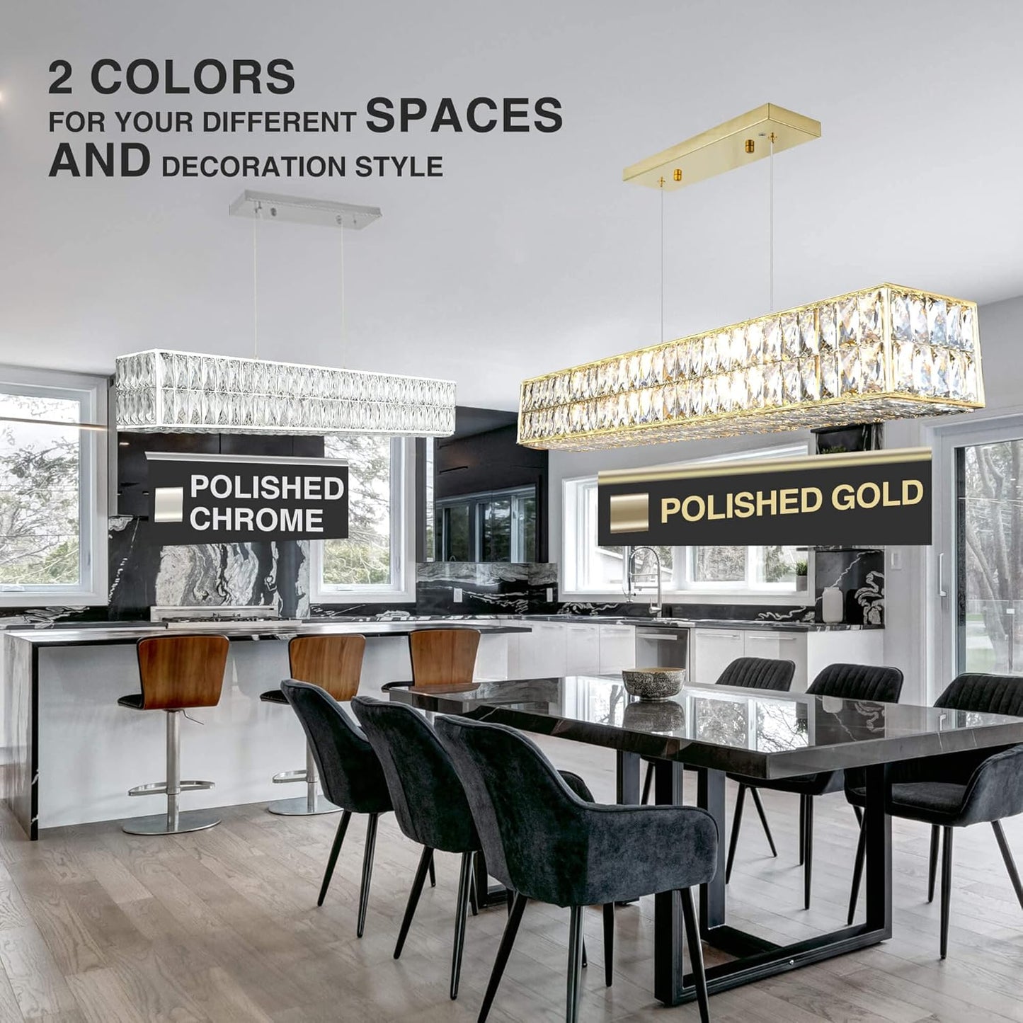 IKK Modern Rectangle Chandelier for Dining Room, Crystal Chandeliers with Stainless Steel in Chrome, Large Rectangular Pendant Light for Kitchen Island L40 x W6.7 x H6.3