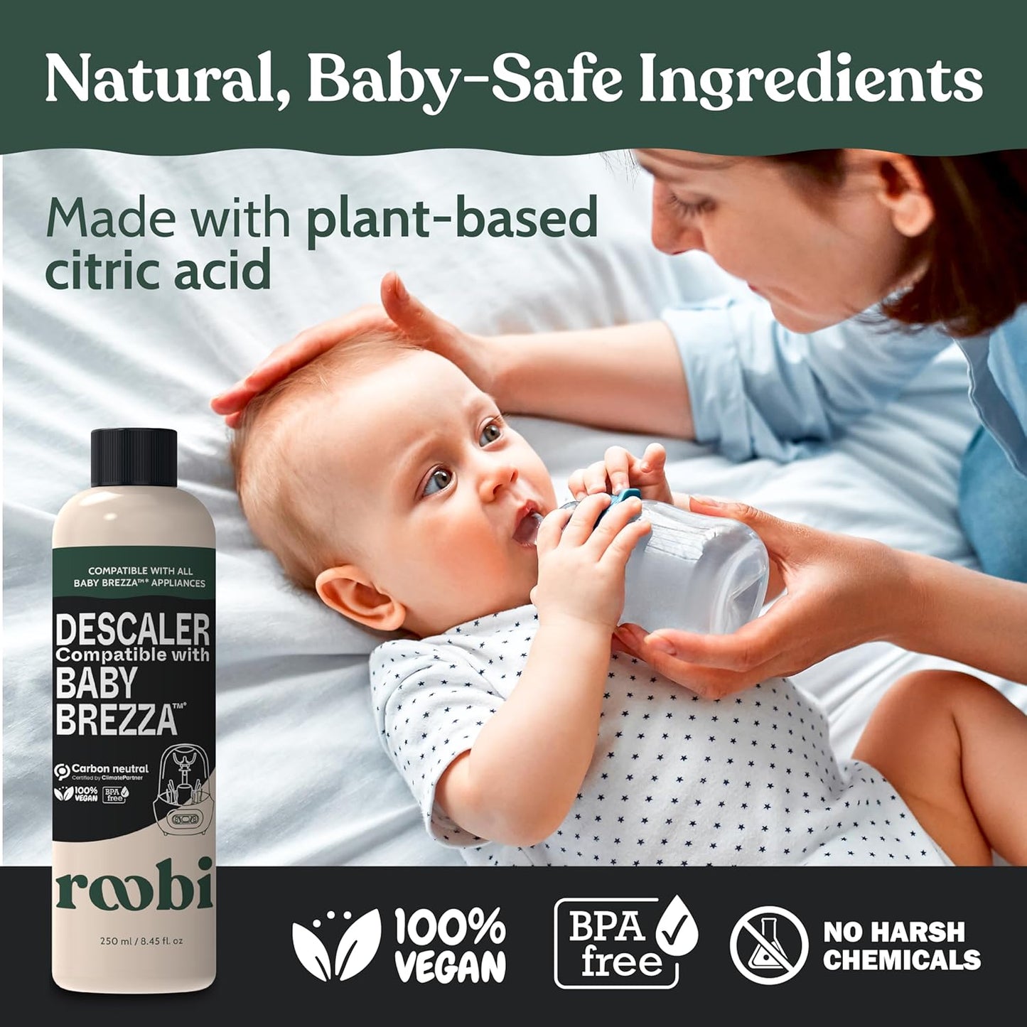 Roobi Descaling Solution Compatible with Baby Brezza. Specially Formulated to Clean & Descale Baby Appliances. Up to 2 Uses per Bottle, 2 Pack. Carbon Neutral.