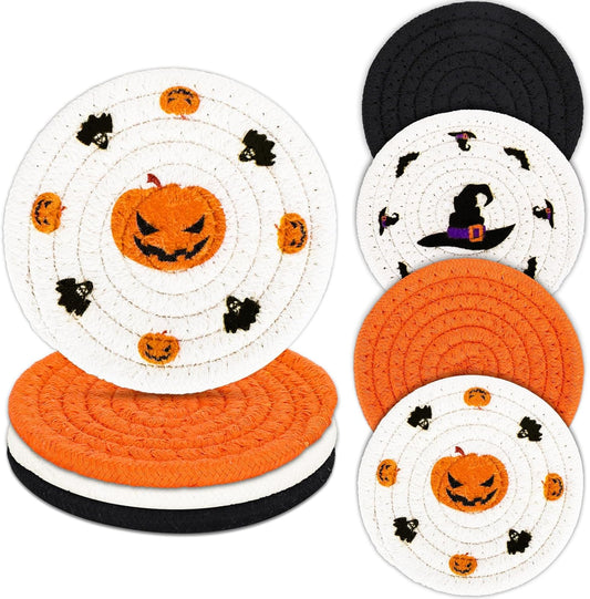 Whaline 4 Pack Halloween Handmade Braided Drink Coasters Black Orange Pumpkins Witch Hats Absorbent Cotton Cup Coasters Heat Resistant Cup Mats for Halloween Home Kitchen Office Table Decor, 4.3 Inch