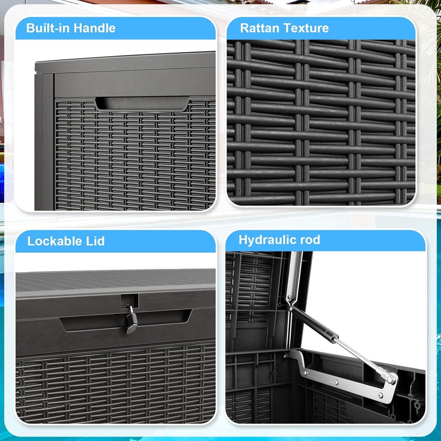 100 Gallon Deck Box,Resin Outdoor Storage Box with Lockable for Patio Furniture, Pool Accessories, Garden Tools Waterproof Outside Storage Box, Black