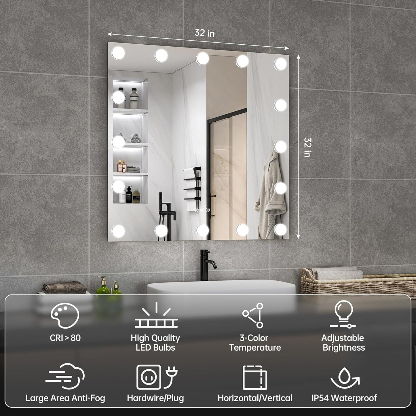 Hasipu LED Bathroom Mirror with Lights, 32" x 32" Hollywood Wall-Mounted Bathroom Mirror with 16 Dimmable Bulbs, 3 Colors Modes, Touch Control, Anti-Fog, Memory Function, Shatter-Proof, ETL Listed