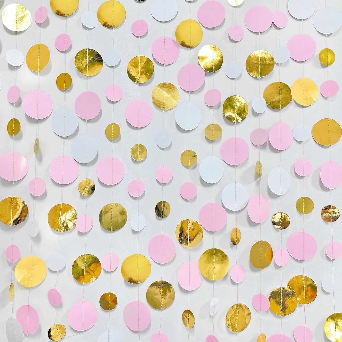 Gold and Pink Party Decorations Circle Dots Garland Metallic Gold Light Pink and White Hanging Polka Dot Streamer for Women Girl Birthday Baby Shower Bridal Shower Wedding Princess Party Supplies