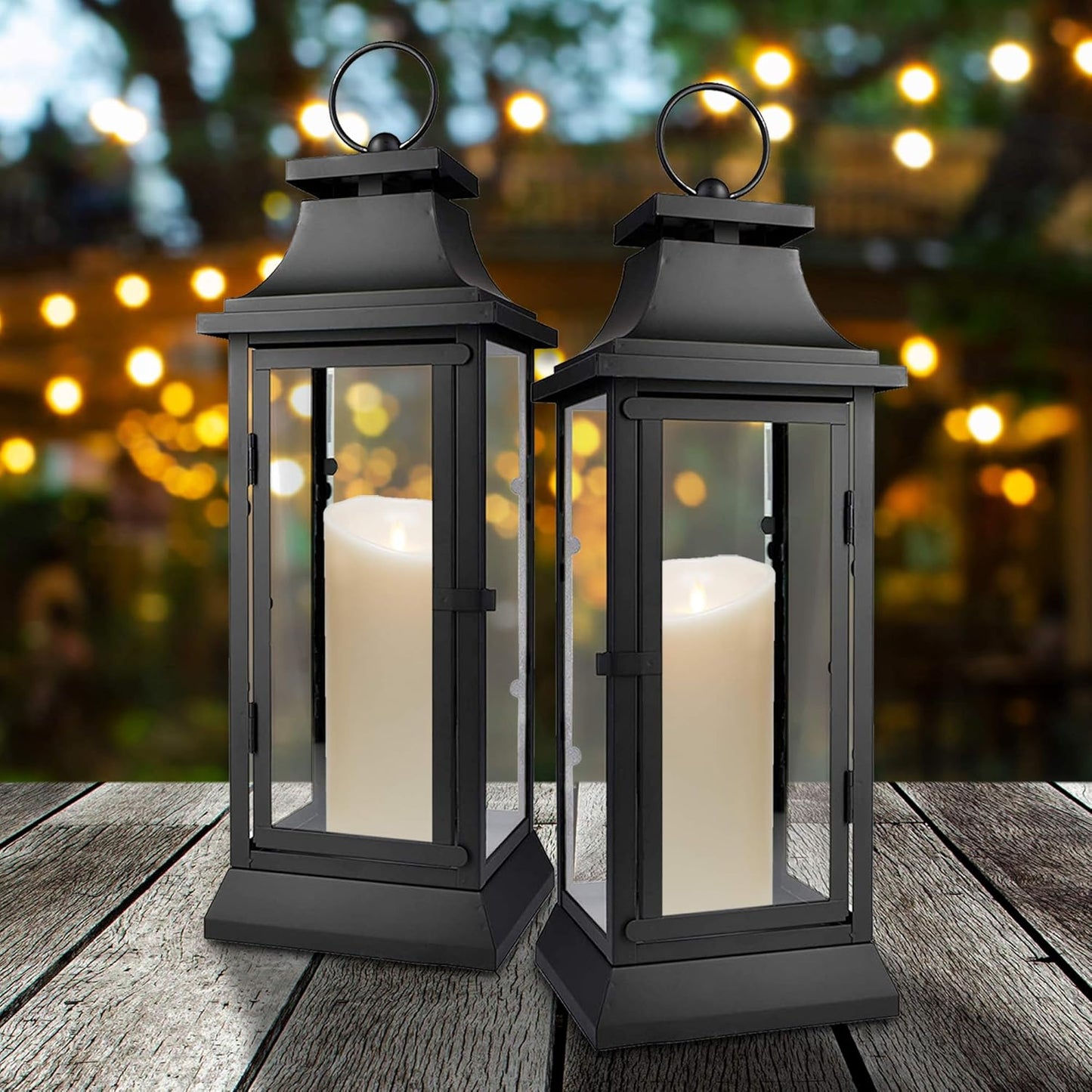 Serene Spaces Living Black Hurricane Lanterns with Clear Glass Panels, Perfect for Home Decor, Parties & Events, Table Top Or Hanging Lantern for Indoor & Outdoor, KIT - Small, Medium & Large