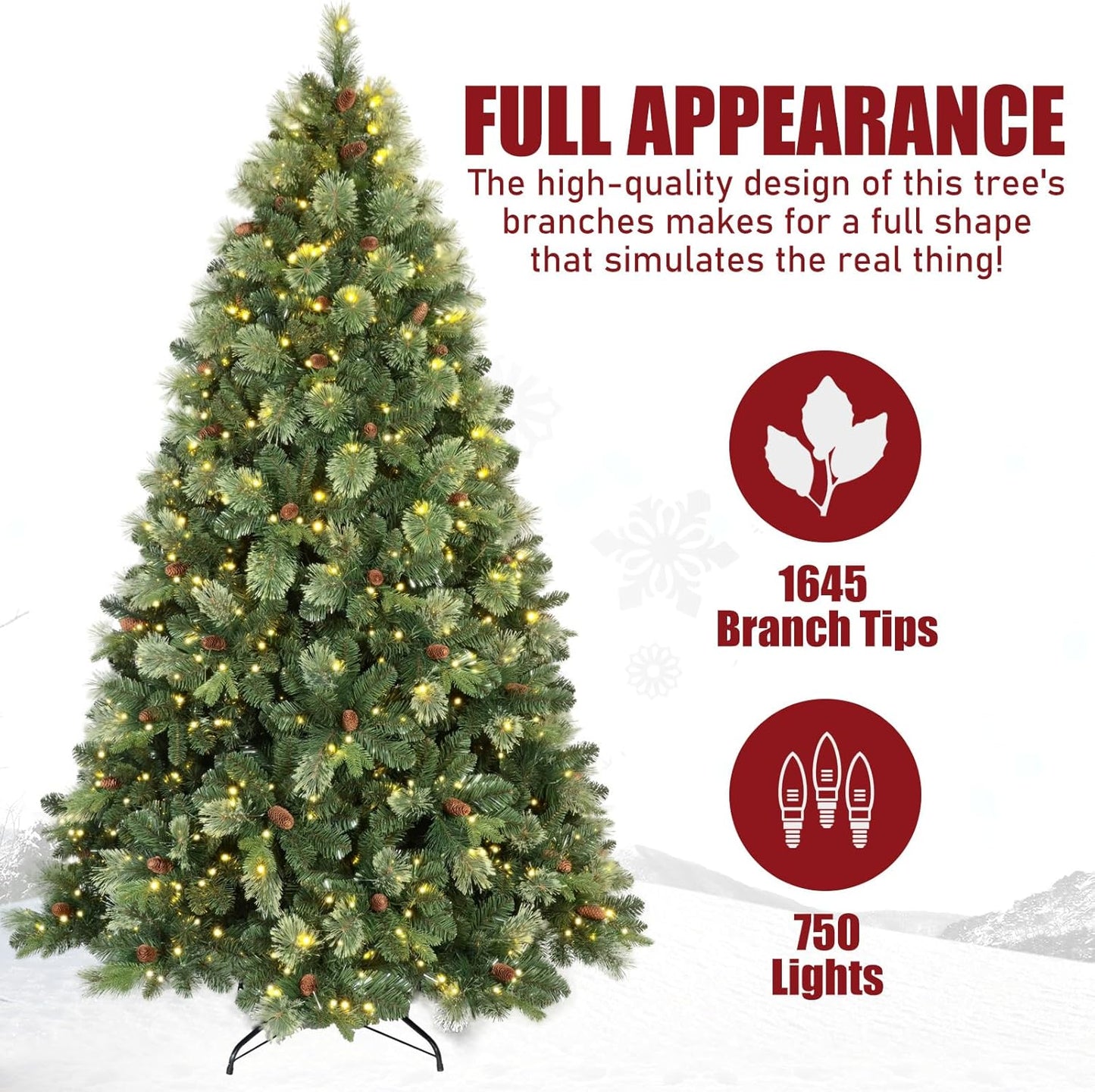 Kadunmina 7.5ft Prelit Christmas Tree, Artificial Carolina Pine Christmas Tree with 750 Warm White Lights, Pine Cones, 1645 Branch Tips and Metal Stand for Home, Office, Holiday Party Decoration