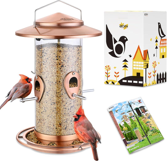 iBorn Metal Bird Feeder for Outside Hanging,Wild Bird Feeders for Cardinal,18cm Large Roof&Tray Brushed Copper 10 Port(Seed is not Included)