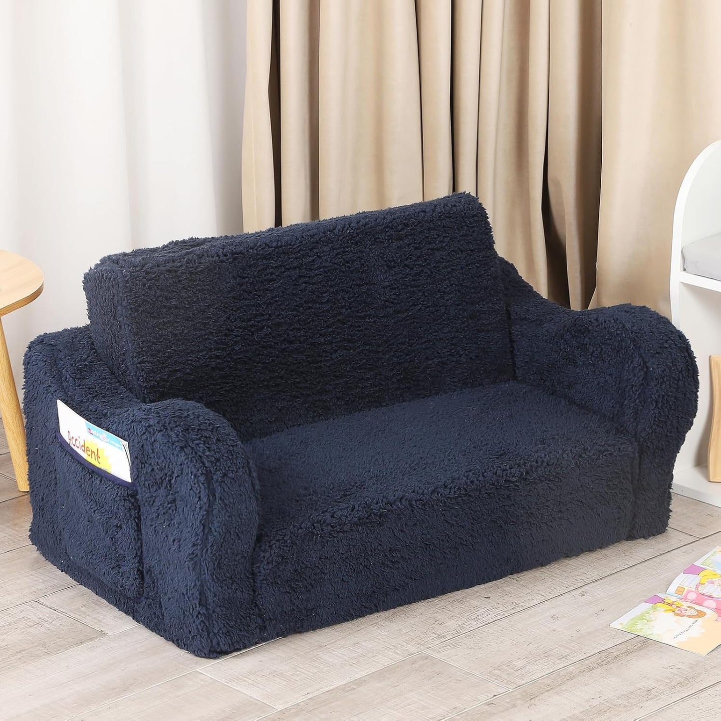 Kids Extra Wide Chairs for Toddler, 2-in-1 Toddler Soft Sherpa Couch Fold Out, Convertible Sofa to Lounger for Girls and Boys, Dark Blue