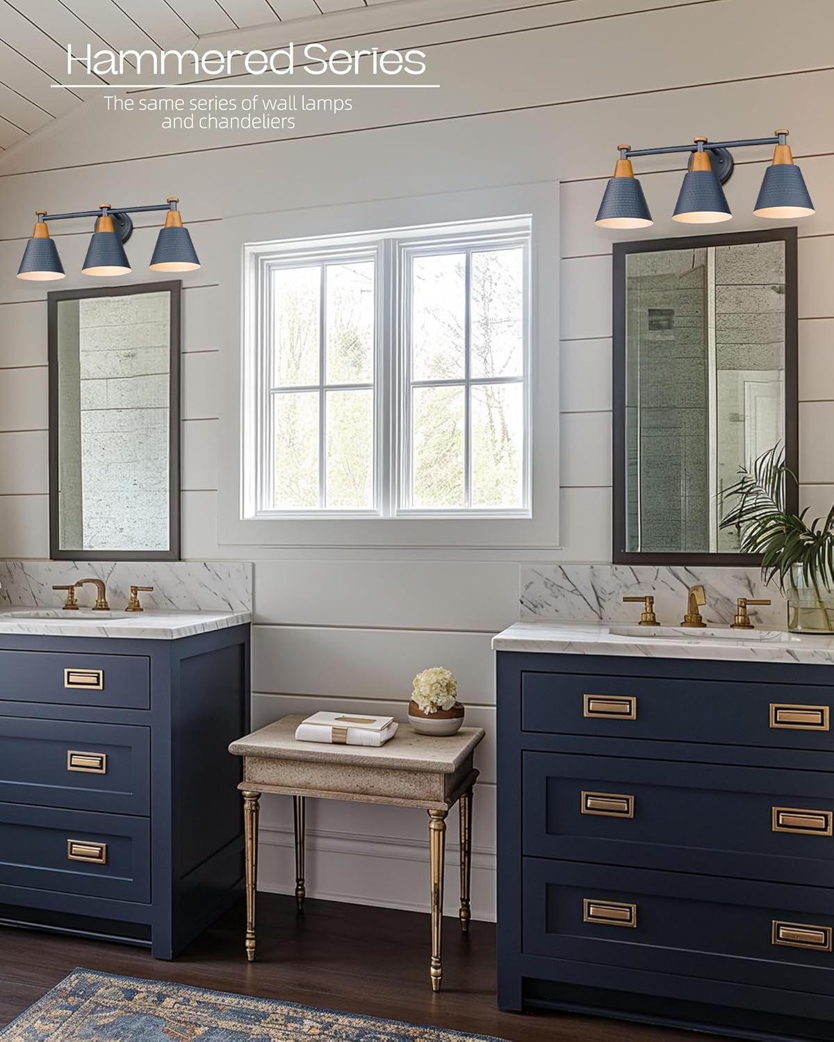 FEMILA Bathroom Vanity Light, 3-Light Modern Bathroom Light Fixture with Hammered Metal Shade Finish, Dark Blue Wall Sconce Lamp Lighting for Bedroom, 4FG59B-3W Blue
