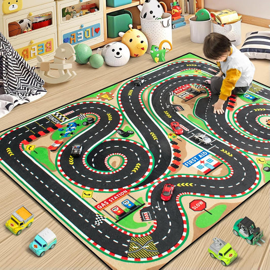 Kids Rug, Race Track Baby Play Mats, Realistic 3D Cascading Surround Route, 4x6 Ft Kids Rug for Playroom, Great for Playing with Cars and Toys, Non-Slip Car Carpet