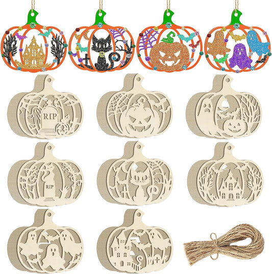 80PCS Wooden Halloween Decoration Pumpkins Ornaments to Paint Happy Halloween Cutouts Unfinished, DIY Blank Unfinished Ghost Spider Web Black Cat Trick or Treat Boo Ornament for Home Crafts Hanging