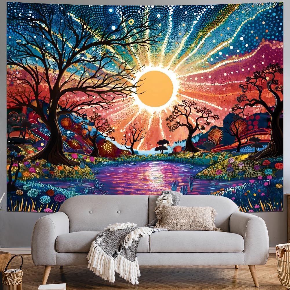 Serborlur Tree of Life Tapestry Trippy Sun Forest Tapestries Colorful Starry Sky Tapestries Hippie Nature Landscape Wall Tapestry Aesthetic Vintage Wall Hanging for Bedroom (59.1" × 78.7")