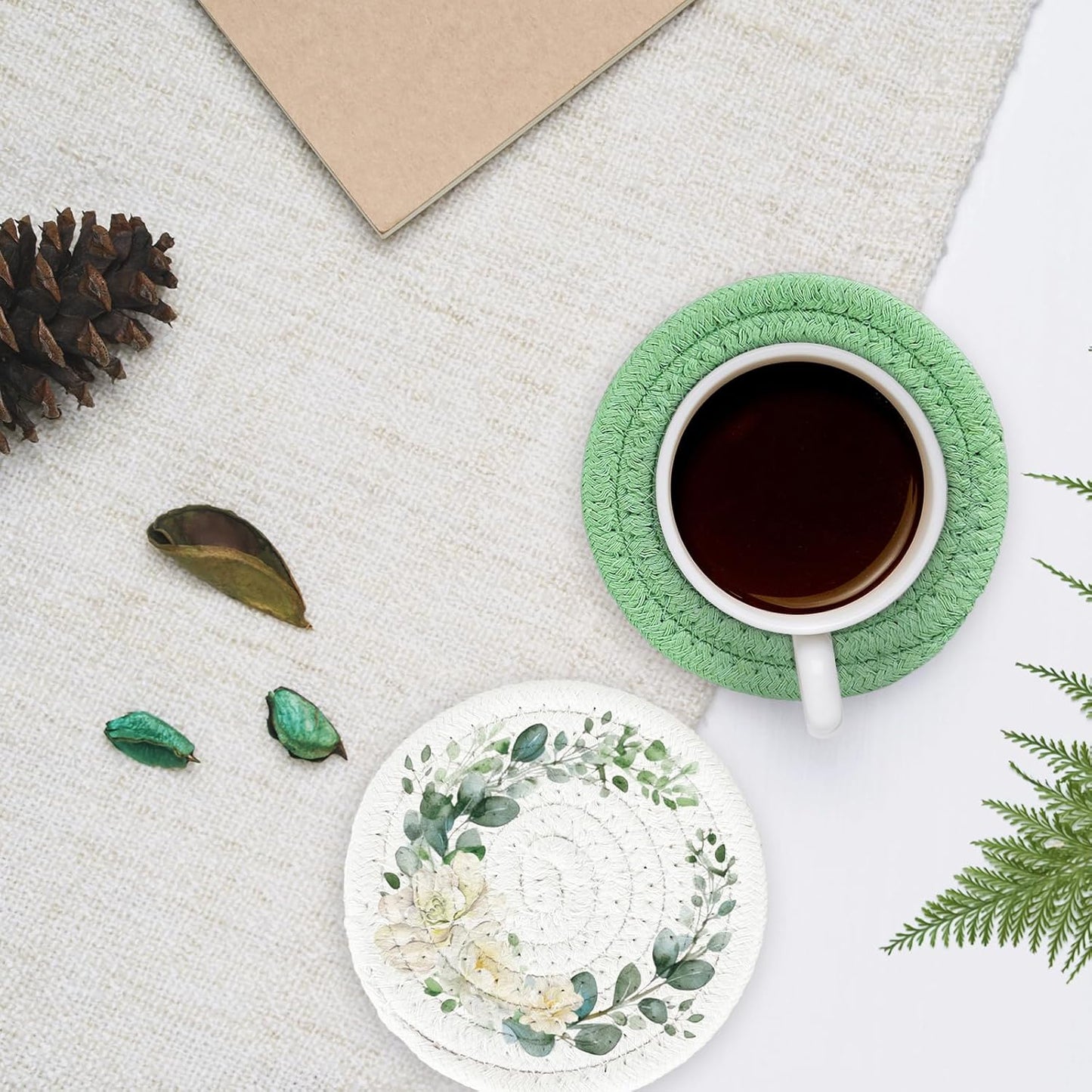 Whaline Eucalyptus Floral Cotton Coasters Flower Leaves Handmade Braided Drink Coasters Green Absorbent Cup Coaster for Spring Wedding Baby Shower Party Home Office Table Decoration, Set of 4