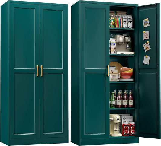 71" Storage Cabinet, Metal Pantry Cabinet, Kitchen Pantry Storage Cabinets with Doors and 4 Shelves, Cabinets for Laundry Room, Living Room, Dinning Room, Assembly Required, Green