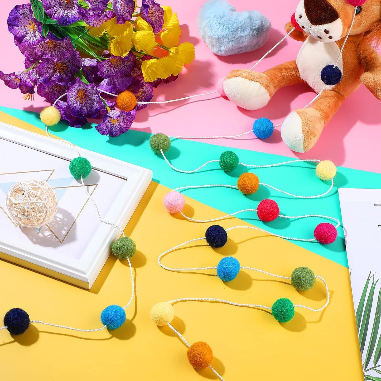 Irenare 9.8 ft Pom Pom Garland Felt Colorful Tassel Banner Christmas Party Pompoms Garland Decorations Felt Pennant Banner for Classroom Home Mantel Fireplace Birthday(Multicolor)