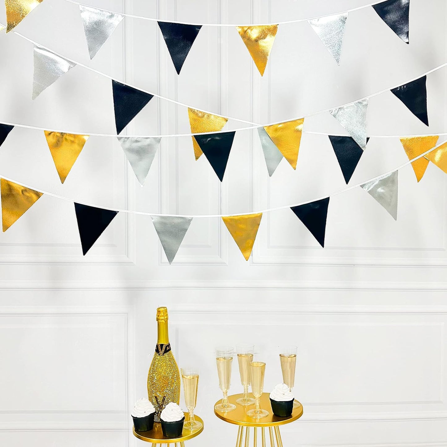 Black Gold Silver Party Decoration Triangle Pennant Banner Flag Metallic Fabric Bunting Garland for Birthday Graduation Anniversary Wedding Bridal Shower Bachelorette Engagement Disco Party Supplies