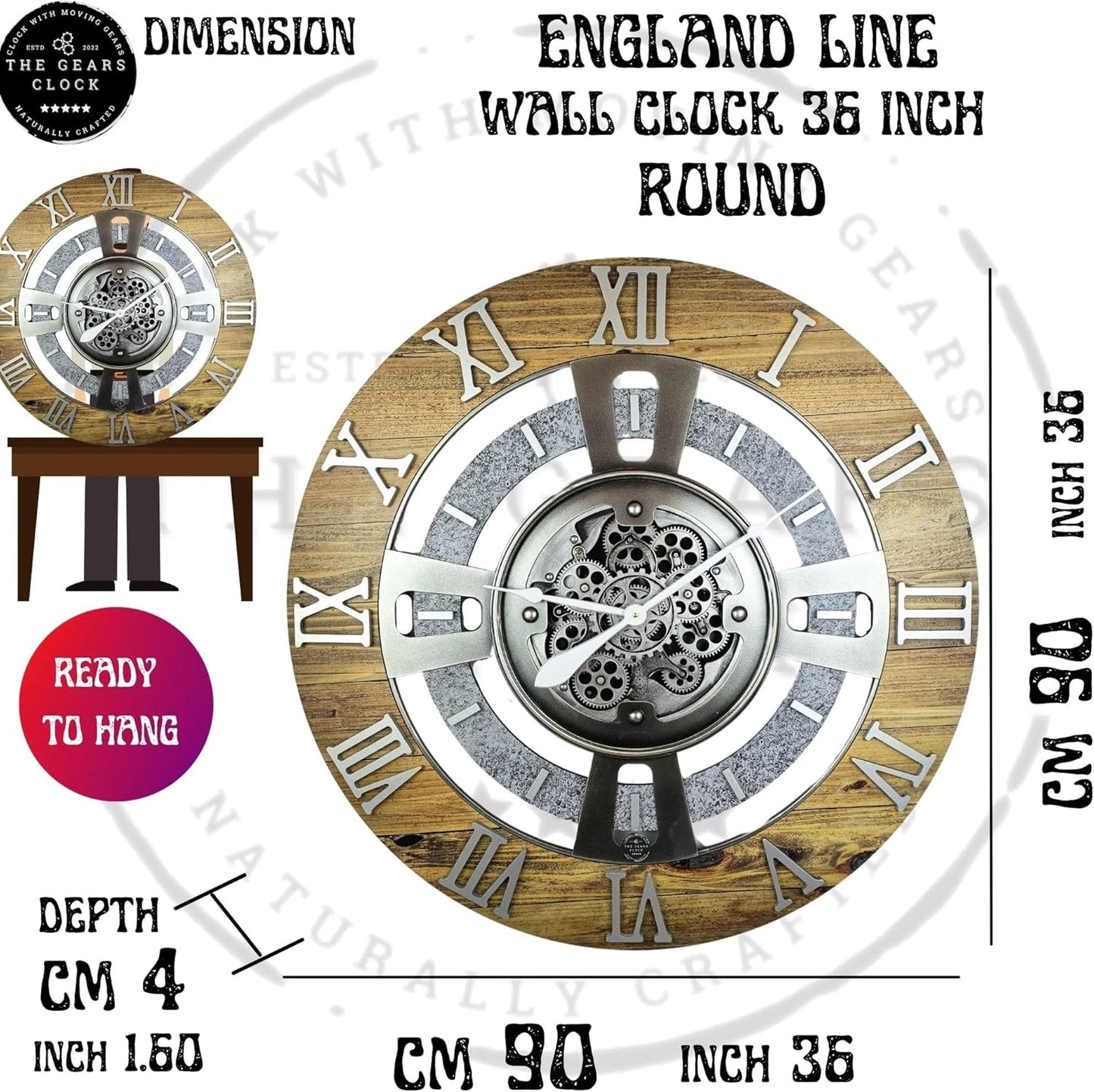 The Gears Clock Real Moving Gear Wall Clock England Line (Vintage Brown, 36 inches (90 cm))