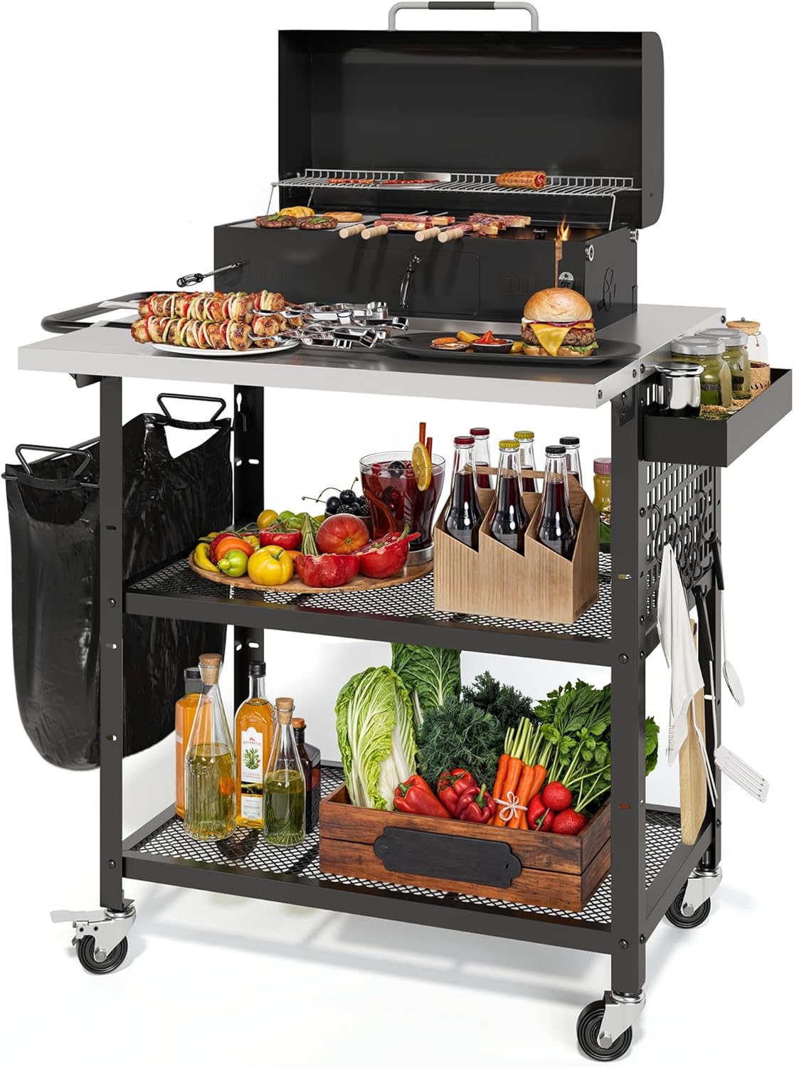 YITAHOME Outdoor Grill Cart Pizza Oven Table with Stainless Steel Top and Drop Leaf, Outdoor Grill Table with Adjustable Three-Tier Shelf and Spice Rack, Movable Bar Table for Patio, Garden, BBQ