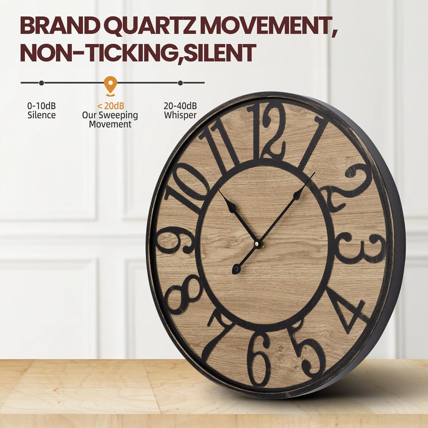 Large Wall Clock for Living Room Decor, Non Ticking Silent, Battery Operated Modern Vintage Wood Wall Clock Oversized Decorative Wall Clock for Bedroom Kitchen Farmhouse Office Decor