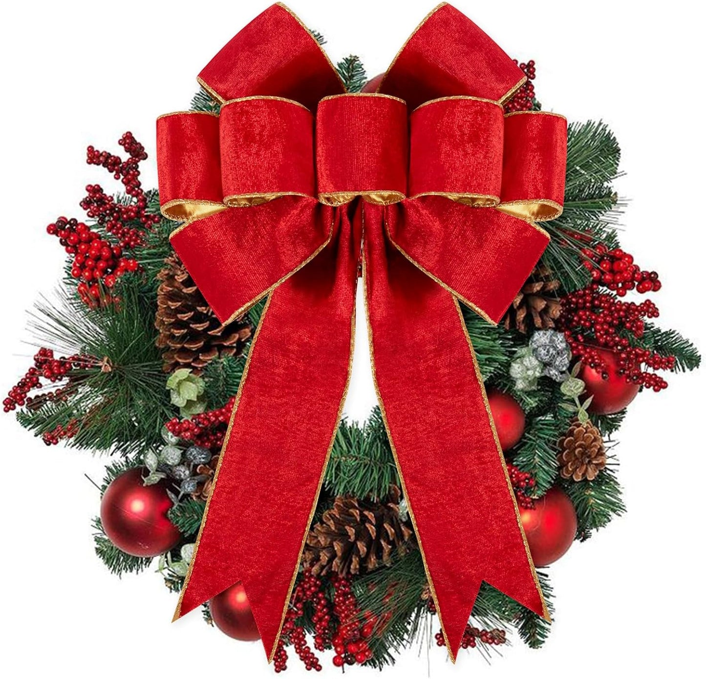 1Pack Large Christmas Bows Velvet Red Bows Holiday Red Christmas Bows Decorations for Wreath Velvet Bows Decor for Christmas Tree Topper, Front Door, Outdoor(24 * 16 inch)