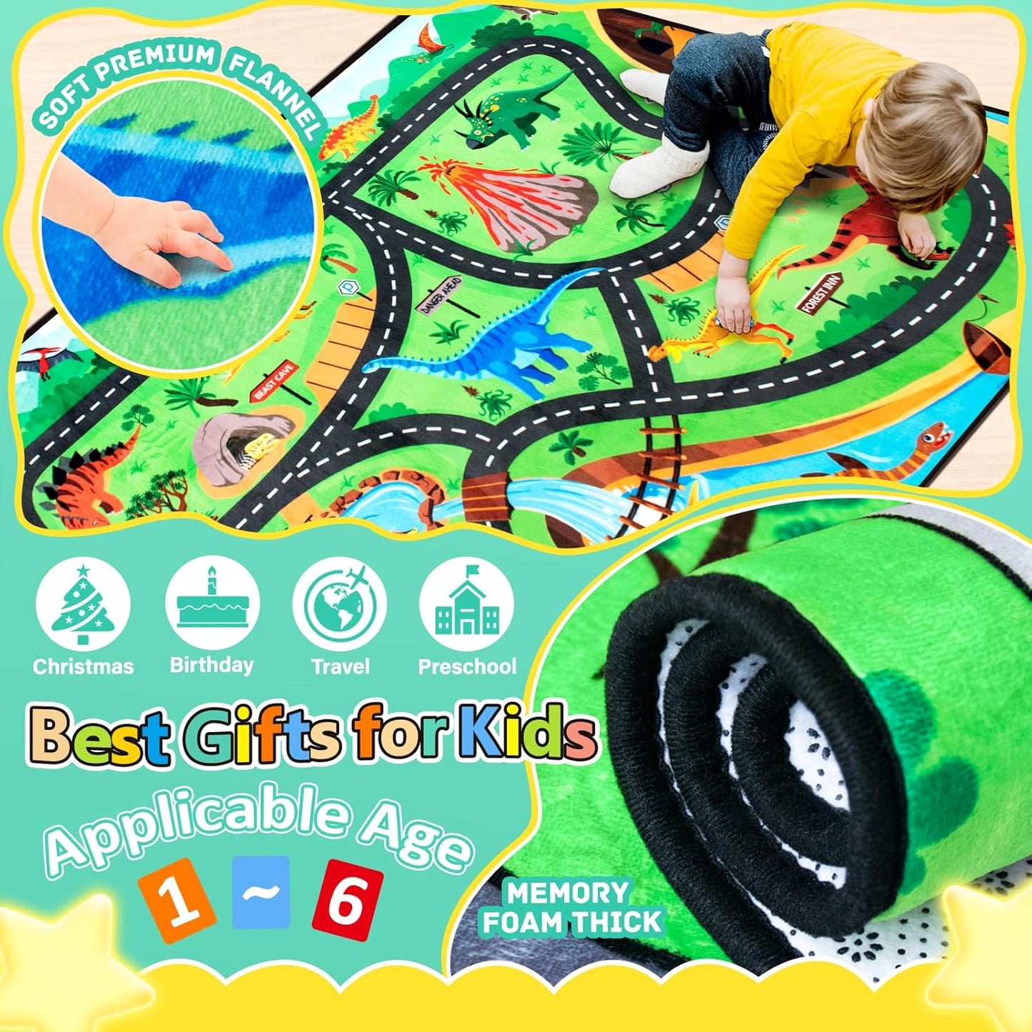 Kids Rug, Car Carpet for Kids' Toy Cars, 6x9 Ft Dinosaur Rug, Dino Safari Road Mat for Playroom, Educational Learning & Game Area Baby Play Mat Carpet for Children