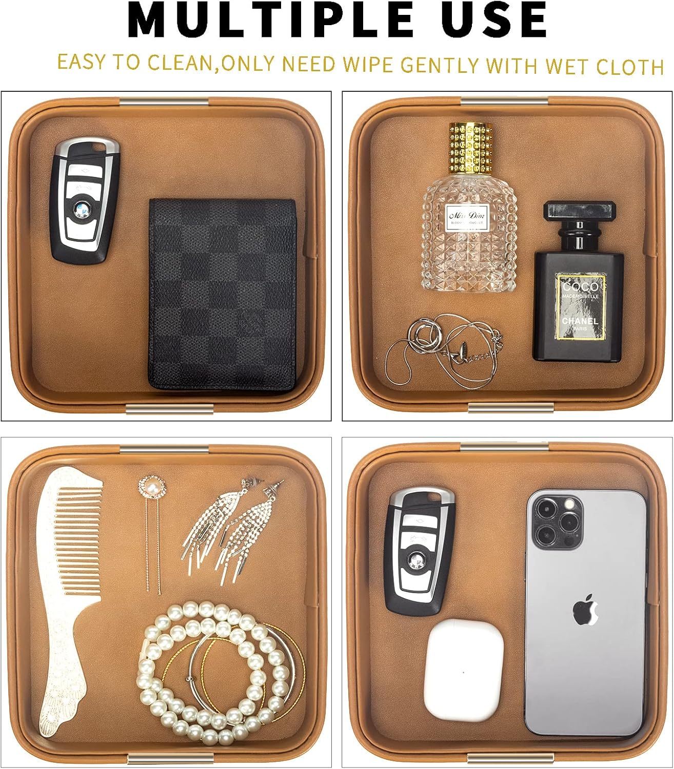 SANZIE Luxury Leather Desktop Storage Small Catchall Organizer Decorative Tray for Entryway Table to Hold Jewelry Watch Cosmetics Keys Phone Wallet, Home & Office Accessories (Metal Glided, Orange)