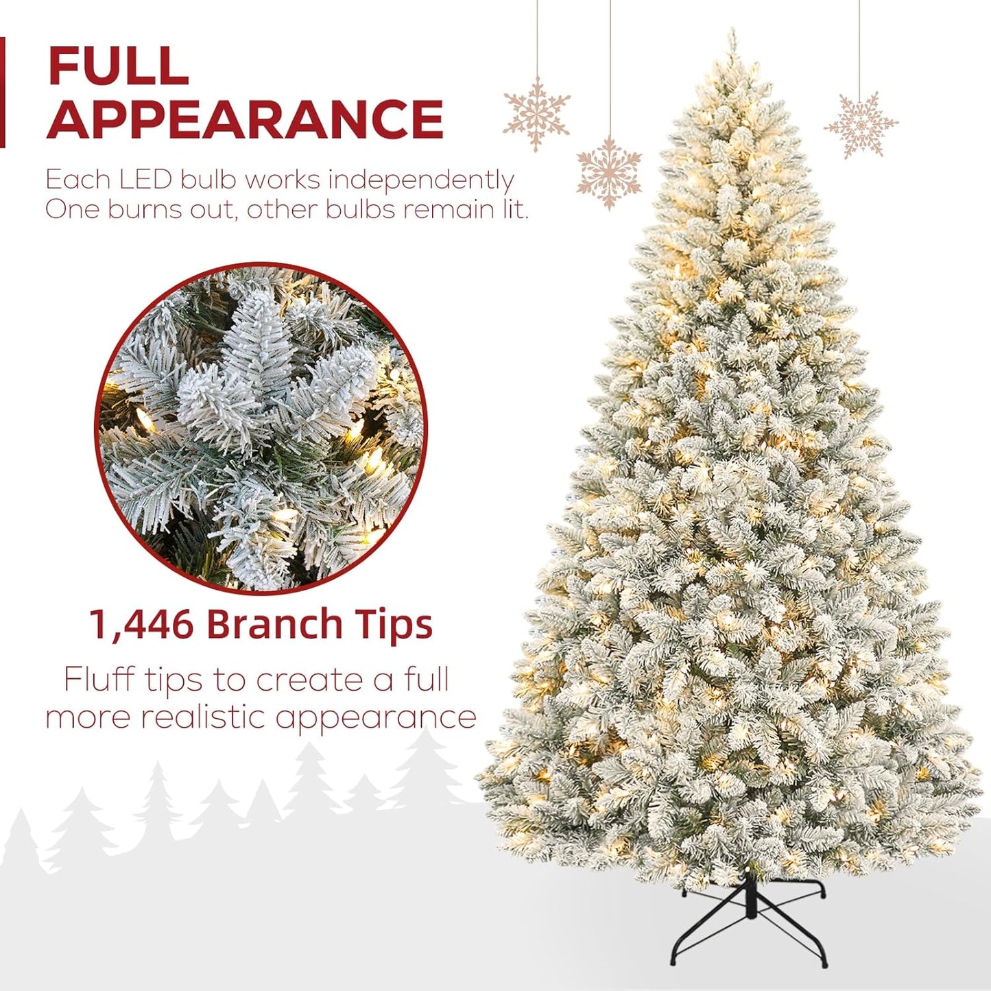 Hykolity 7.5 ft Snow Flocked Christmas Tree, Artificial Christmas Tree with 450 Warm White Lights, 1446 Tips, Metal Stand and Hinged Branches