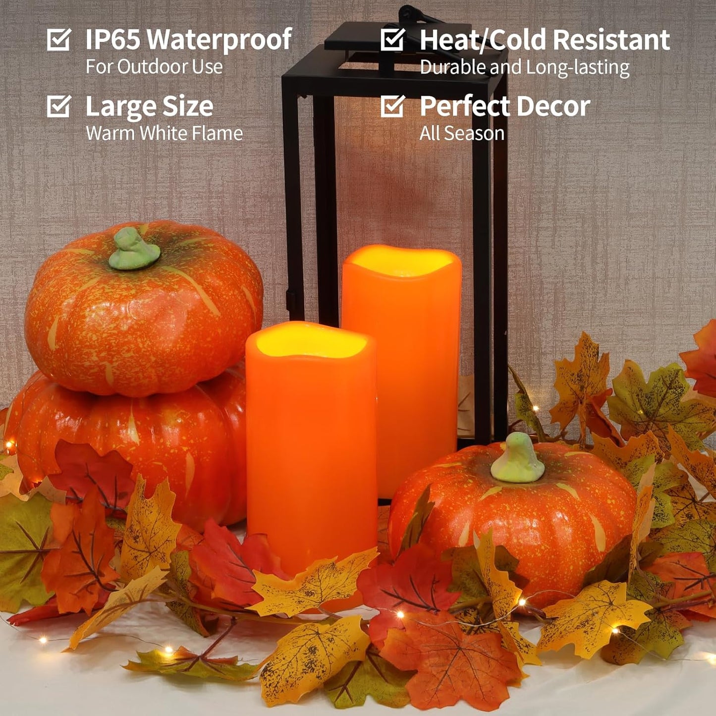 NURADA 8" x 4" Large Outdoor Flameless Candles - Waterproof LED Pillar Flickering Candle Battery Operated with Timer Remote for Patio Porch Lanterns Halloween Thanksgiving Fall Decor - 2 Pack Orange