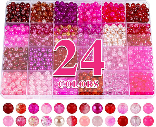 XSEINO About 1200PCS 6mm Glass Beads Bracelet Making Kit,24 Assorted Red and Pink Series Colorful Crystal Beads for Bracelet and Jewelry Making and DIY Crafts,Friendship Bracelets
