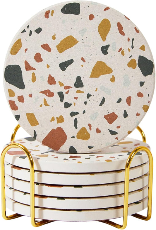 Terrazzo Drink Absorbent Coasters with Holder Set of 6, Ceramic Coaster for Drinks, Coffee Table Decor, Water Absorbing Stone Coaster for Drinks (Sunset)
