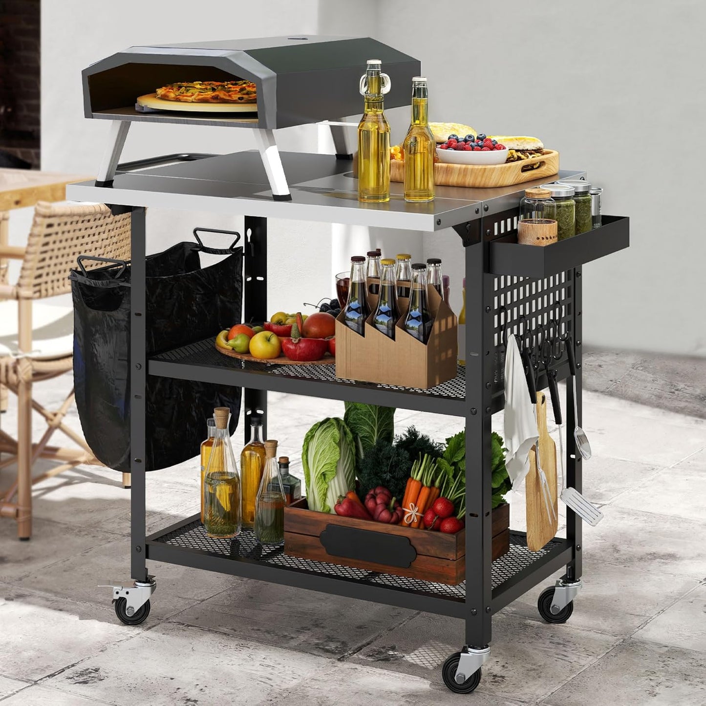 YITAHOME Outdoor Grill Cart Pizza Oven Table with Stainless Steel Top and Drop Leaf, Outdoor Grill Table with Adjustable Three-Tier Shelf and Spice Rack, Movable Bar Table for Patio, Garden, BBQ