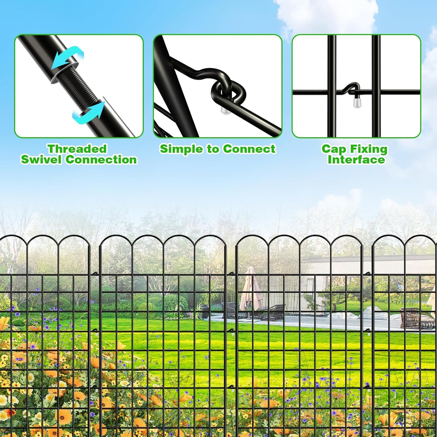 10 Panels Garden Fence Dog Fence Outdoor for Yard, 32 in (H) x 24 ft (L) Rustproof No Dig Decorative Tall Fencing Border for Dog, Rabbits, Patio Temporary Ground Stakes and Flower Vegetable Flower Bed