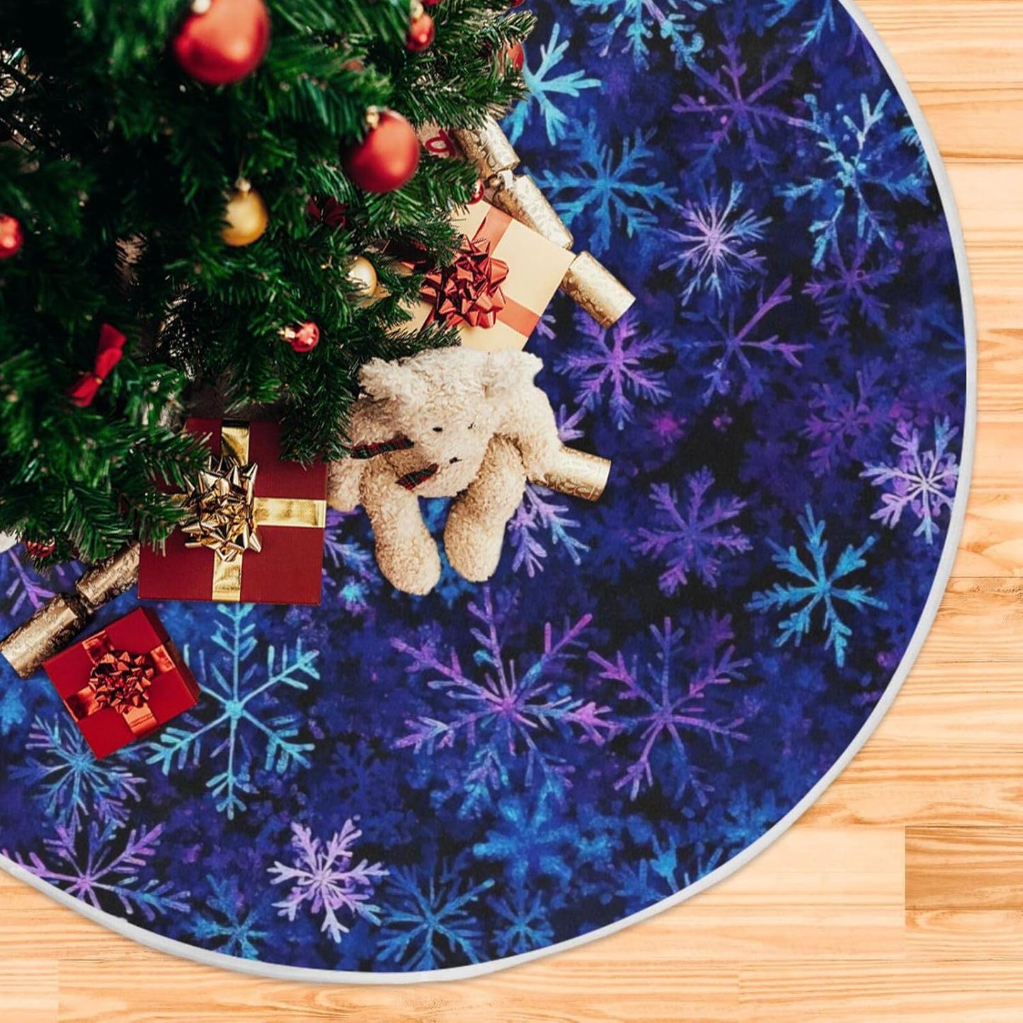 Christmas Blue Purple Snowflake Tree Skirt, Seasonal Tree Mat Holiday Party Supplies Ornaments Indoor Outdoor Decorations for Tabletop Trees 47.2 Inches