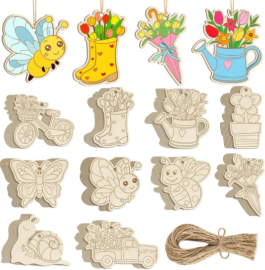 80PCS Wooden Spring Ornaments to Paint, 10 Styles DIY Blank Unfinished Wood Flower Cutouts Butterfly Ornament for Crafts Hanging Decorations, Cute Bee Flower Shape Home Decorations Gifts