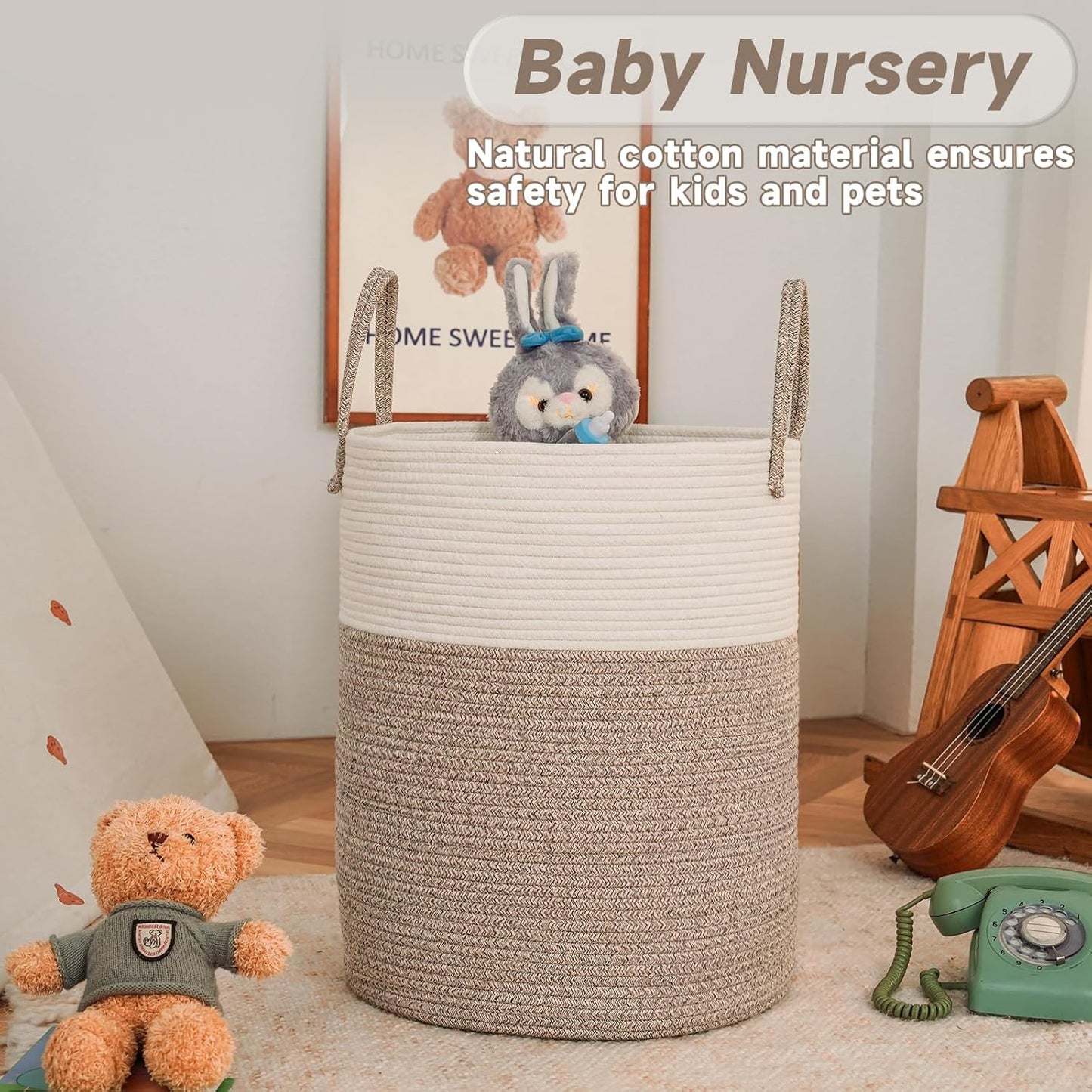 Large Woven Laundry Basket Hamper,80L Cotton Rope Storage Bin for Blankets,Toys and Clothes,Decorative Tall Nursery Hamper for Living Room,Baby Nursery,Bathroom and Bedroom,Brown