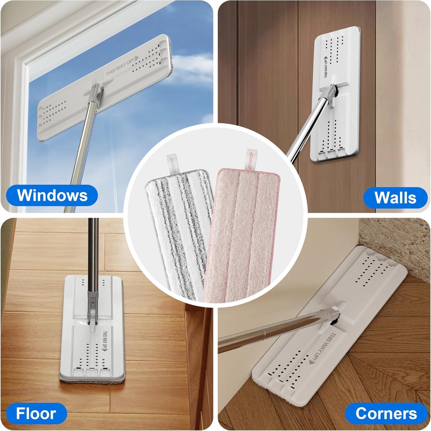 JOYMOOP Mop Replacement Pads, Reusable Microfiber Mop Pads for 13-inch Flat Mop and Mop Bucket Set, Pack of 4 Refills - Stripe and Pink