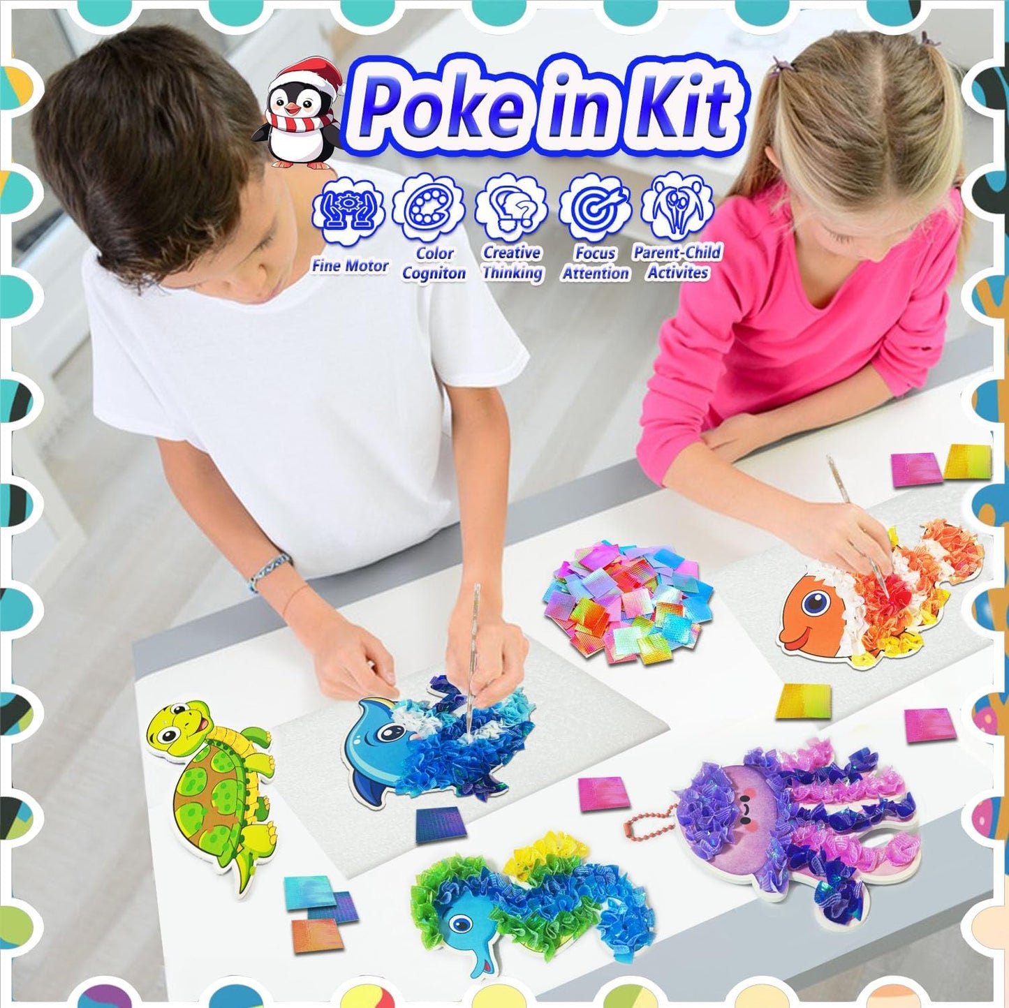 mom&myaboys Mess-Free Poke Art for Kids Ages 4-8 - Ocean Animals Craft Kit (8 Sea Creatures: Jellyfish, Dolphin, Turtle & More) | Beginner Sewing Toys for Toddlers | Creative Gift for Girls and Boys