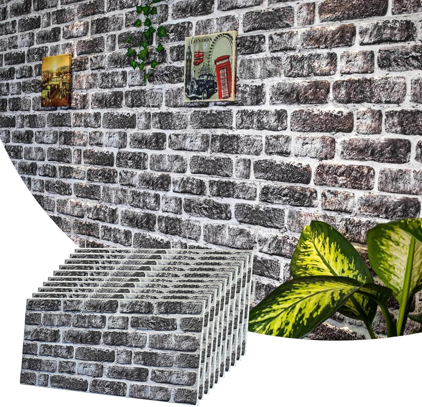 Dundee Deco 3D Wall Panels Faux Brick - Cladding, Charcoal White Stone Look Wall Paneling, Styrofoam Facing for Living Room, Kitchen, Bathroom, Balcony, Bedroom, Set of 10, Covers 54 sq ft