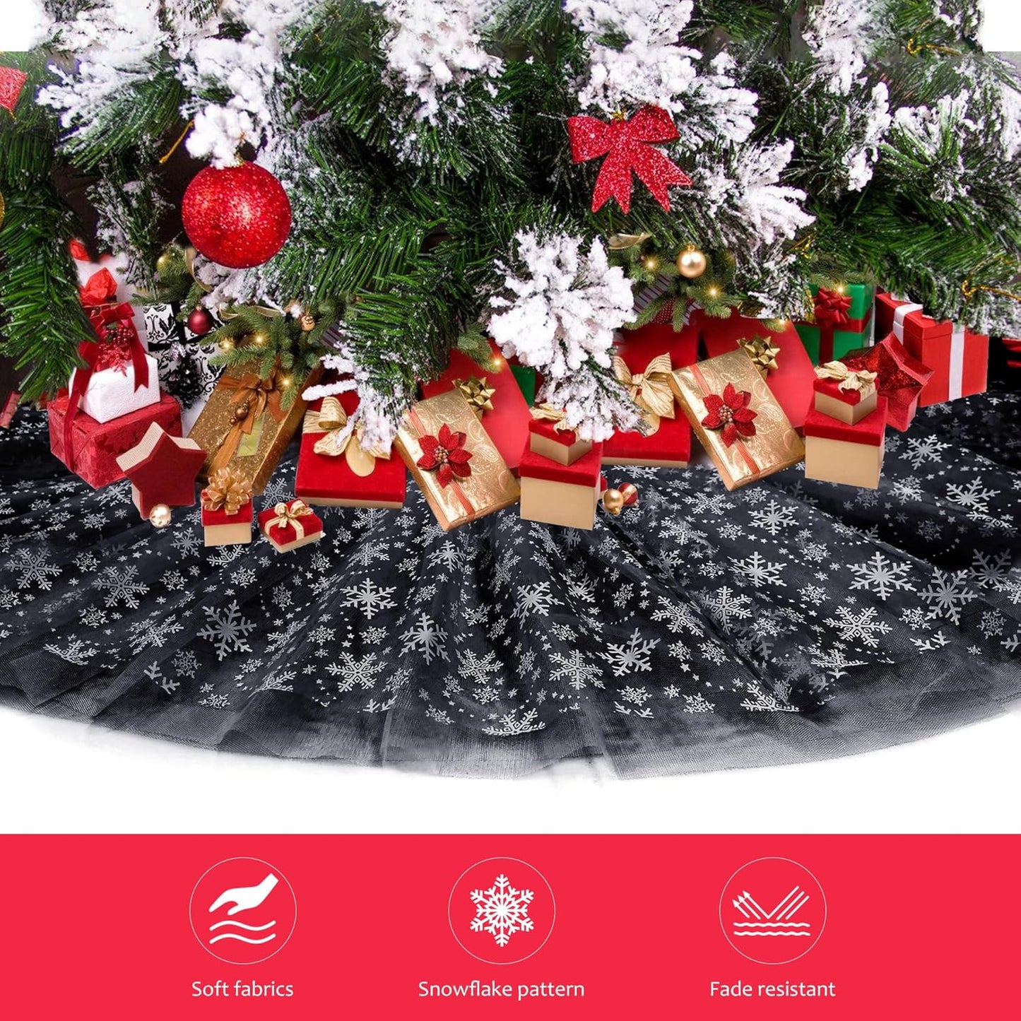 Christmas Wedding Tree Skirt, 4 Layer 45 in Snowflake Tulle Tree Decoration for Party Indoor, Fluffy Tree Cover Mat Ornament for Holiday, Black