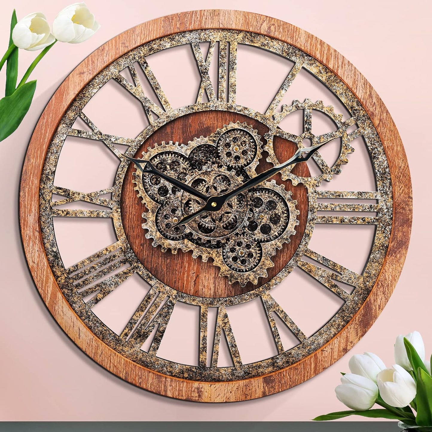 HOIBAI Large Wall Clock 24 Inch Large Clocks for Living Room Decor with Moving Gears Vintage Industrial Steampunk Farmhouse Big Clock for Home Kitchen Bedroom Office