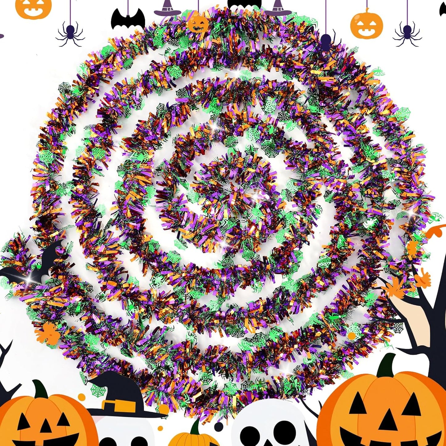 33 FT Halloween Tinsel Garland Decorations,Orange Purple Green Halloween Garland with Spider,Spider Web Shiny Metallic Garlands for Indoor Outdoor Decorations