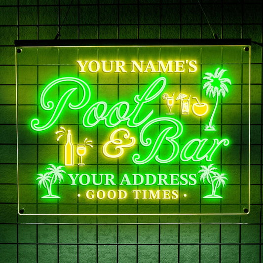 Personalized Pool & Bar Neon Sign, Custom LED Light with Name and Address, Outdoor Patio Decor, Tiki Bar or Backyard Pool Gift for Party Lovers