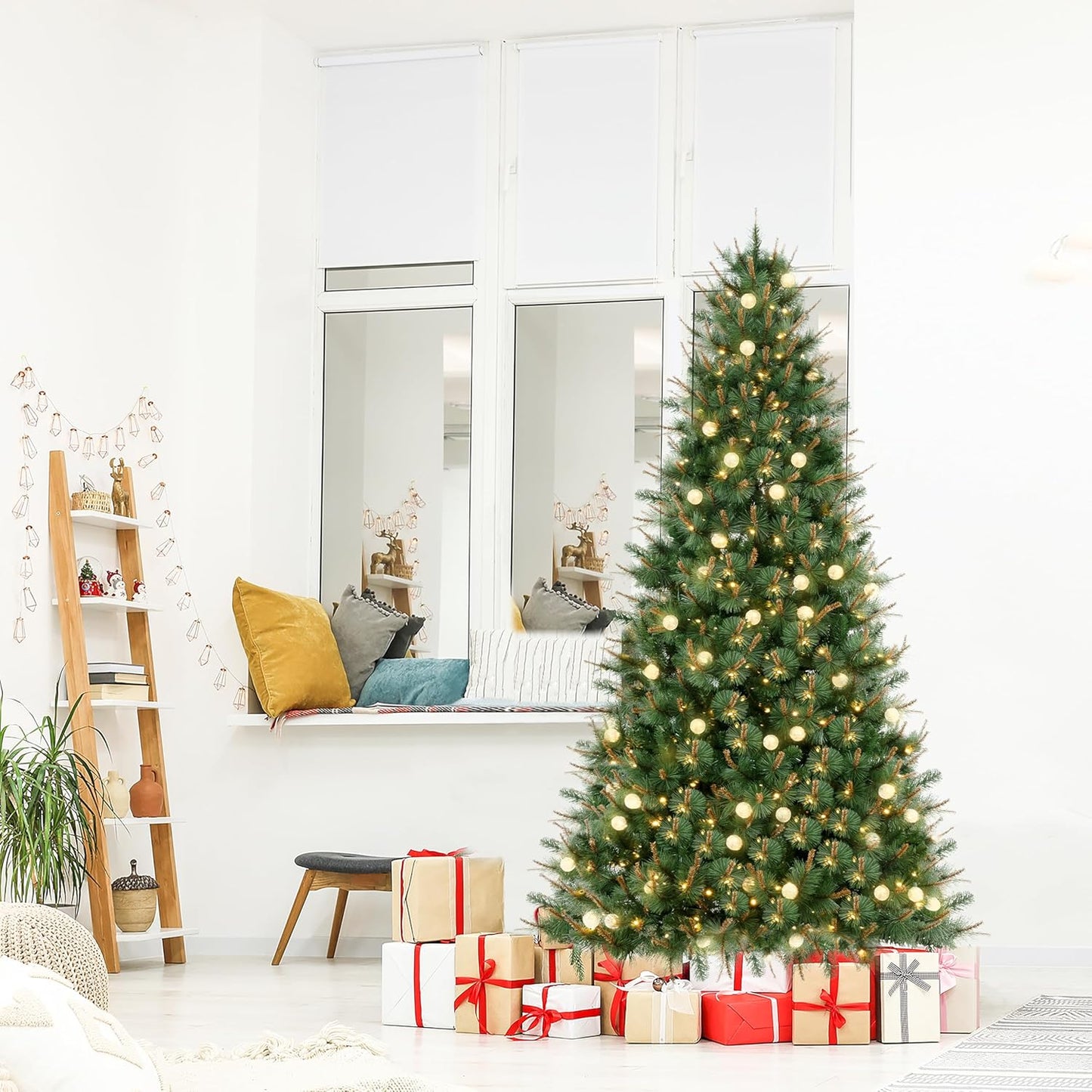 Selena 6.5ft Prelit Artificial Christmas Tree with 857 Branch Tips, 300 Warm Lights and Metal Stand, 43" Wide Realistic Withered Christmas Tree with Lights by Naomi Home