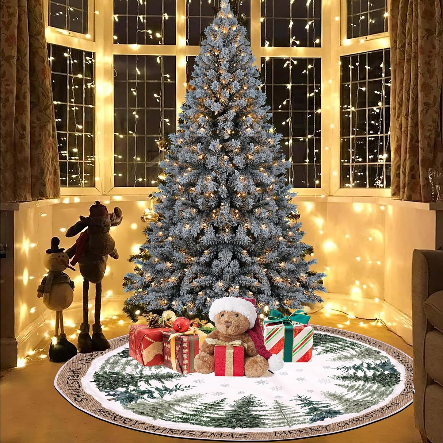 Baccessor Christmas Tree Skirt 36 Inch Pine Trees Snowy Forest Christmas Tree Skirt Collar for Farmhouse Vintage Rustic Merry Christmas Xmas Winter Holiday Party Decoration