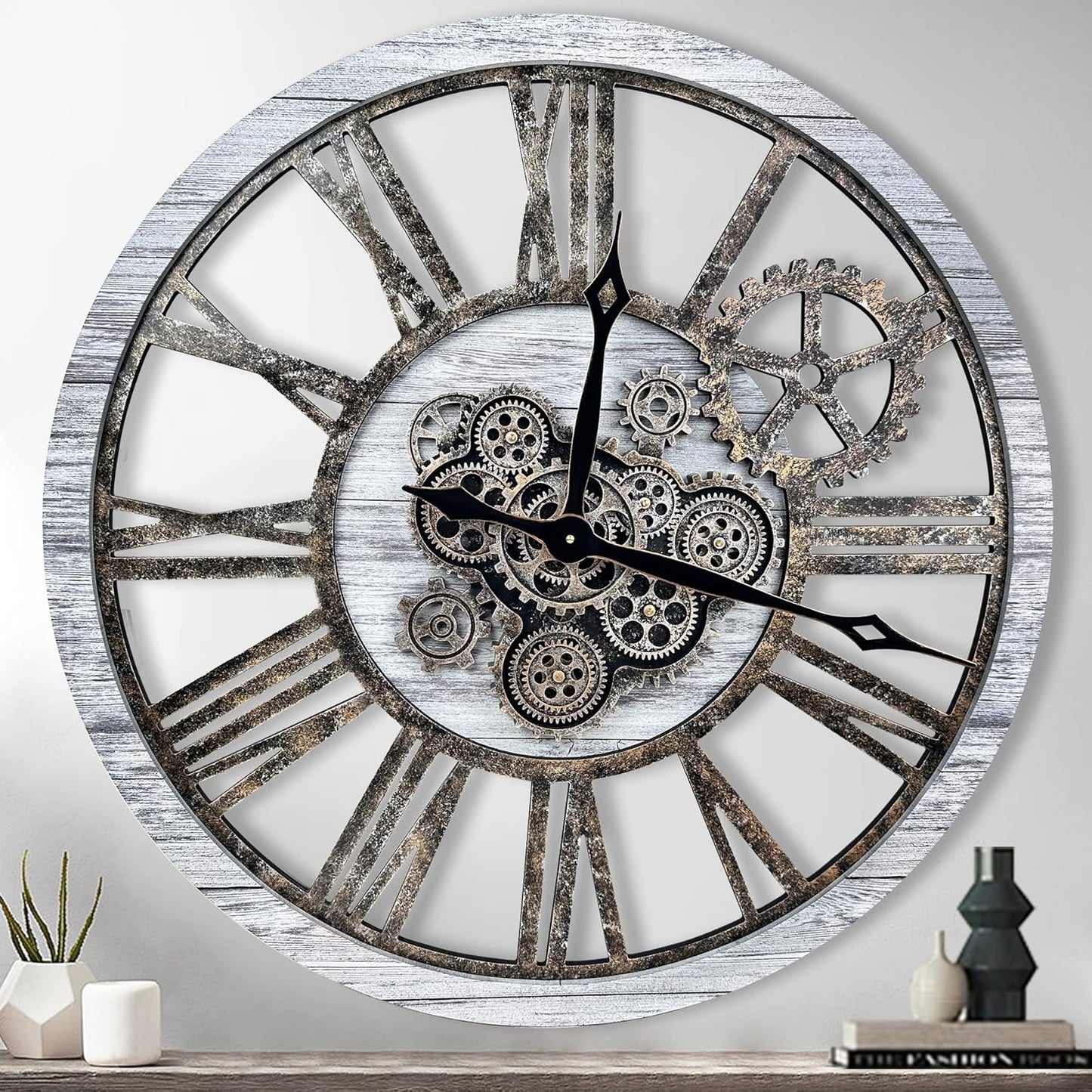 The B-Style Large Real Moving Gears Wall Clock 30 inch Rustic Retro Industrial Farmhouse Wood Clock Oversized Decorative Vintage Wall Clocks for Living Room (Silver Gray)