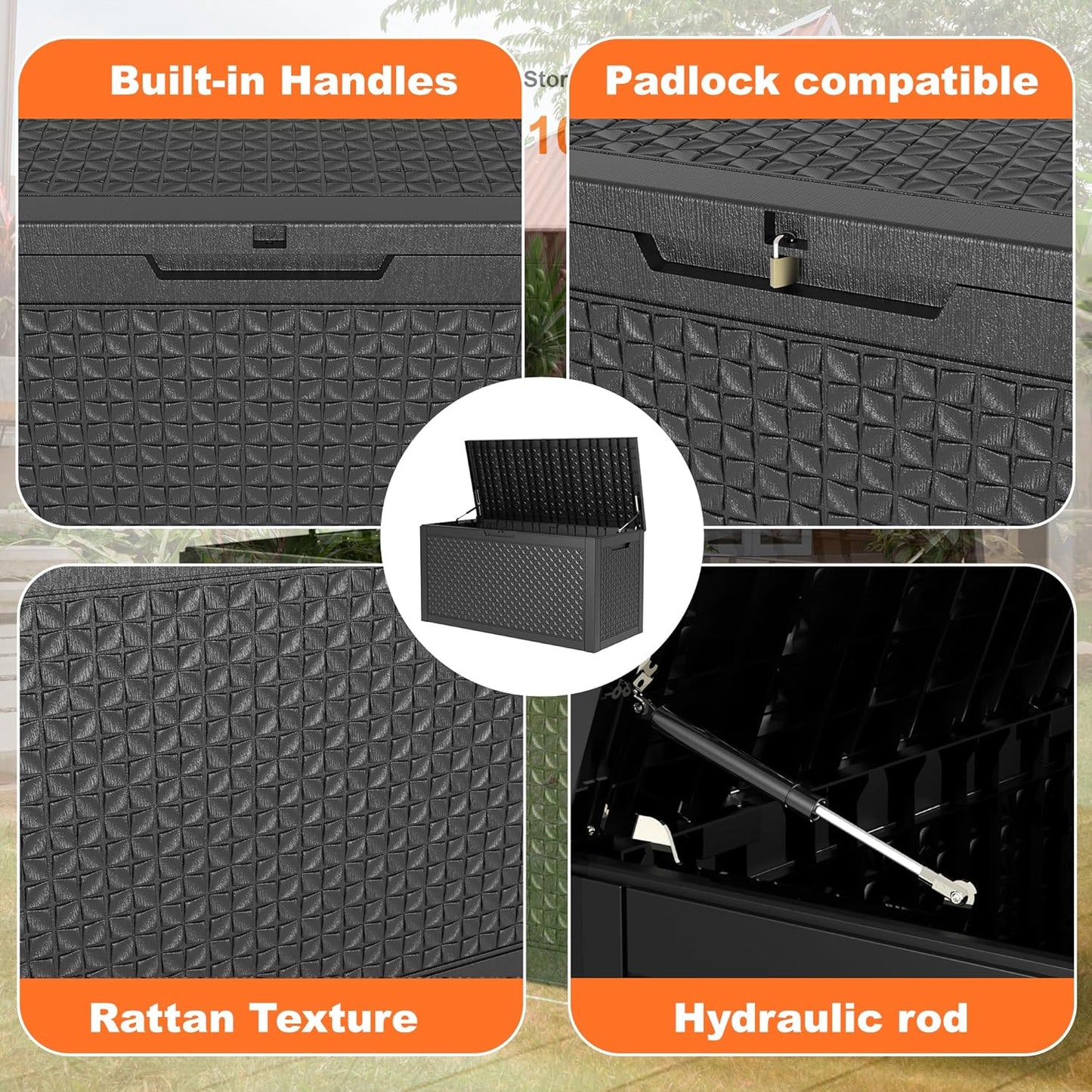 100 Gallon Resin Deck Box, Lockable Patio Outdoor Storage Box for Furniture, Garden Tools and Tools Storage, Waterproof Outside Storage Boxes - Patterned black