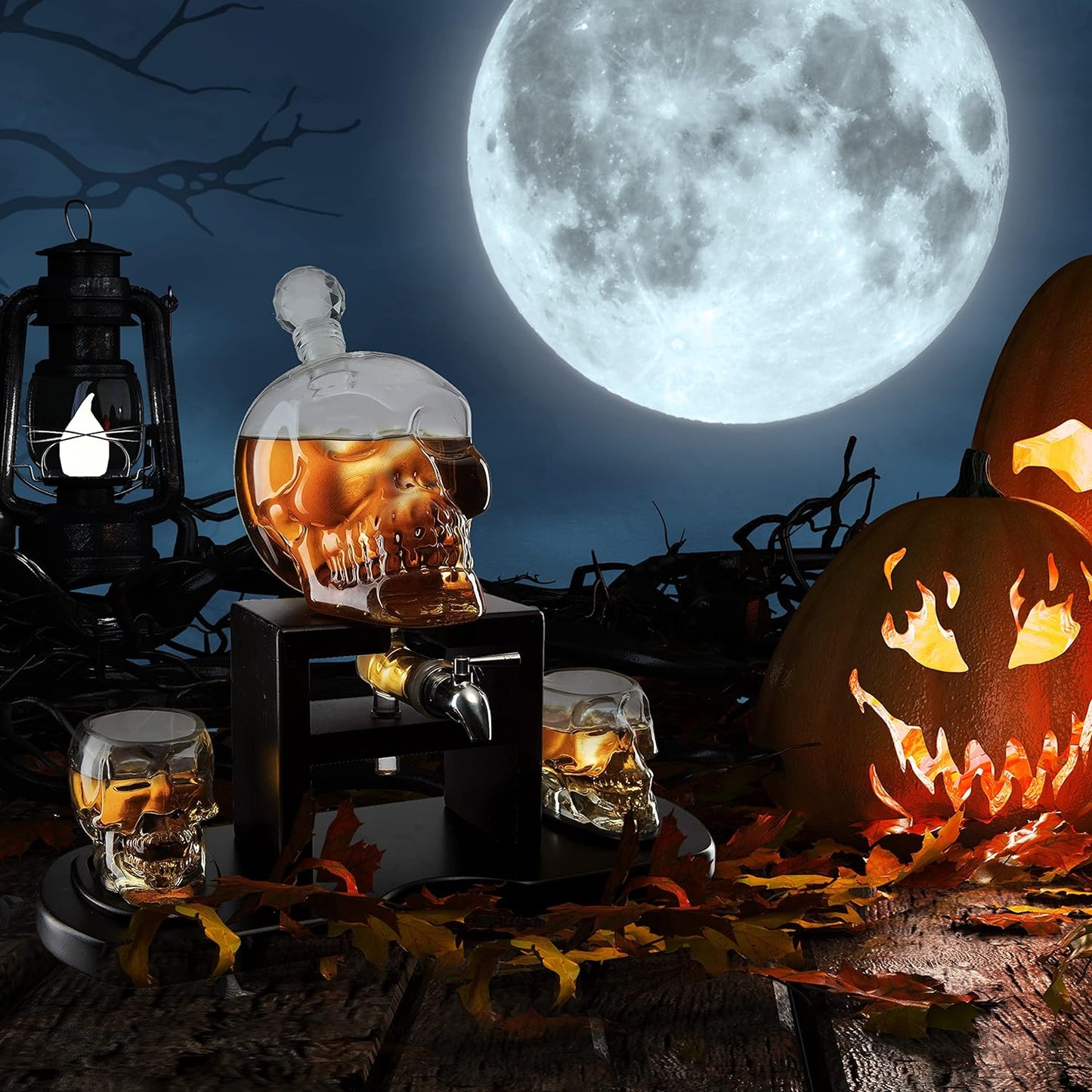 Skull Skeleton Wine & Whiskey Decanter Set 750mL with 2 Skull Shot Glasses 3oz | Gothic Skeleton Barware on Mahogany Wooden Base with Spigot | Spooky Halloween Decor Drinkware & Unique Goth Gift Idea