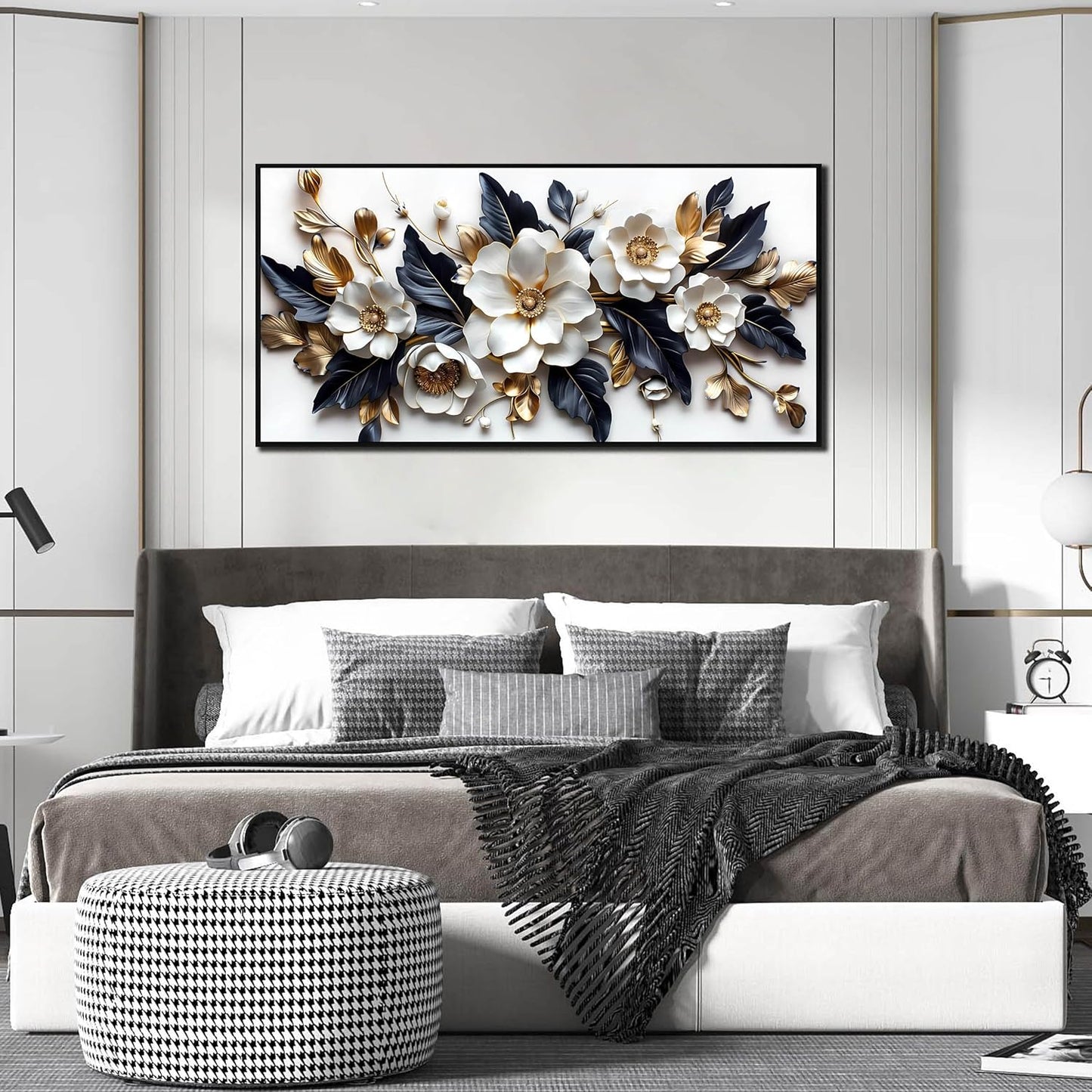 White Flower Wall Decor for Living Room - Modern Blue White and Gold Wall Art Bedroom - Black Framed Wall Art Size 24" x 48"