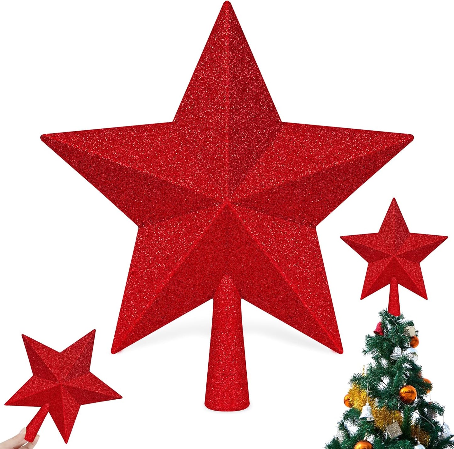 Star Tree Topper, 10" Red Christmas Tee Topper Decorations, Glitter 3D Xmas Bethlehem Star Waterproof Shatter-Proof, Christmas Tree Topper Ornament Decor for Christmas Holiday Party Indoor Outdoor